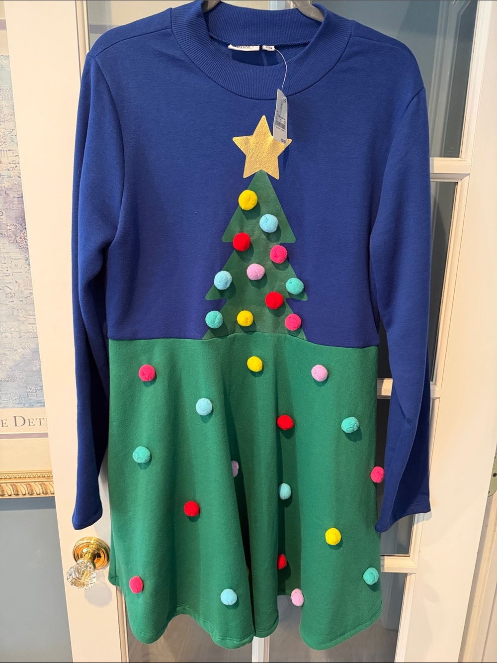 Christmas Tree Pom-Pom Dress - Blue & Green